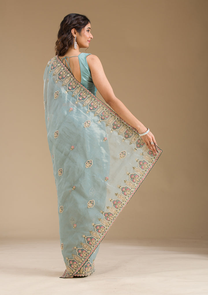 Grey Pearlwork Tissue Saree