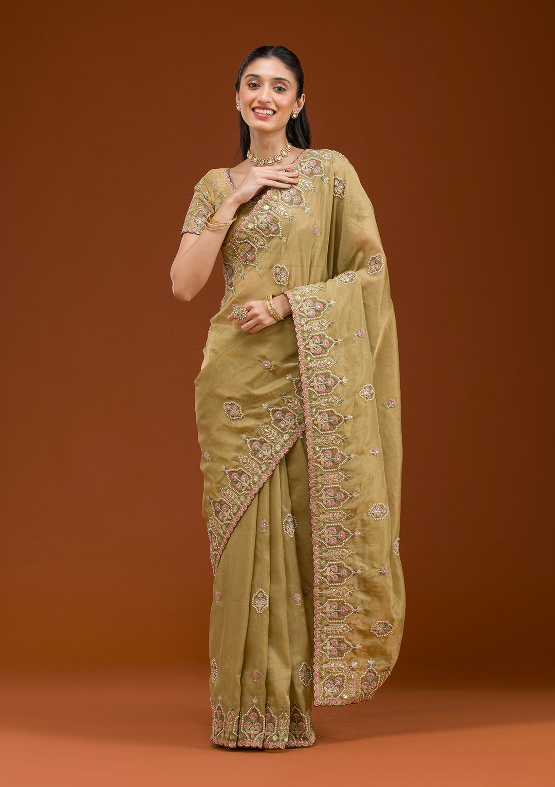 Mehendi Pearlwork Tissue Saree