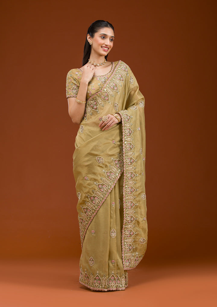 Mehendi Pearlwork Tissue Saree