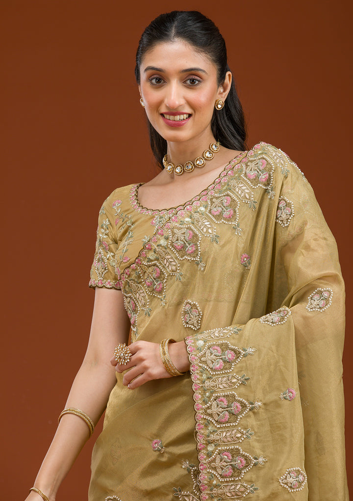 Mehendi Pearlwork Tissue Saree