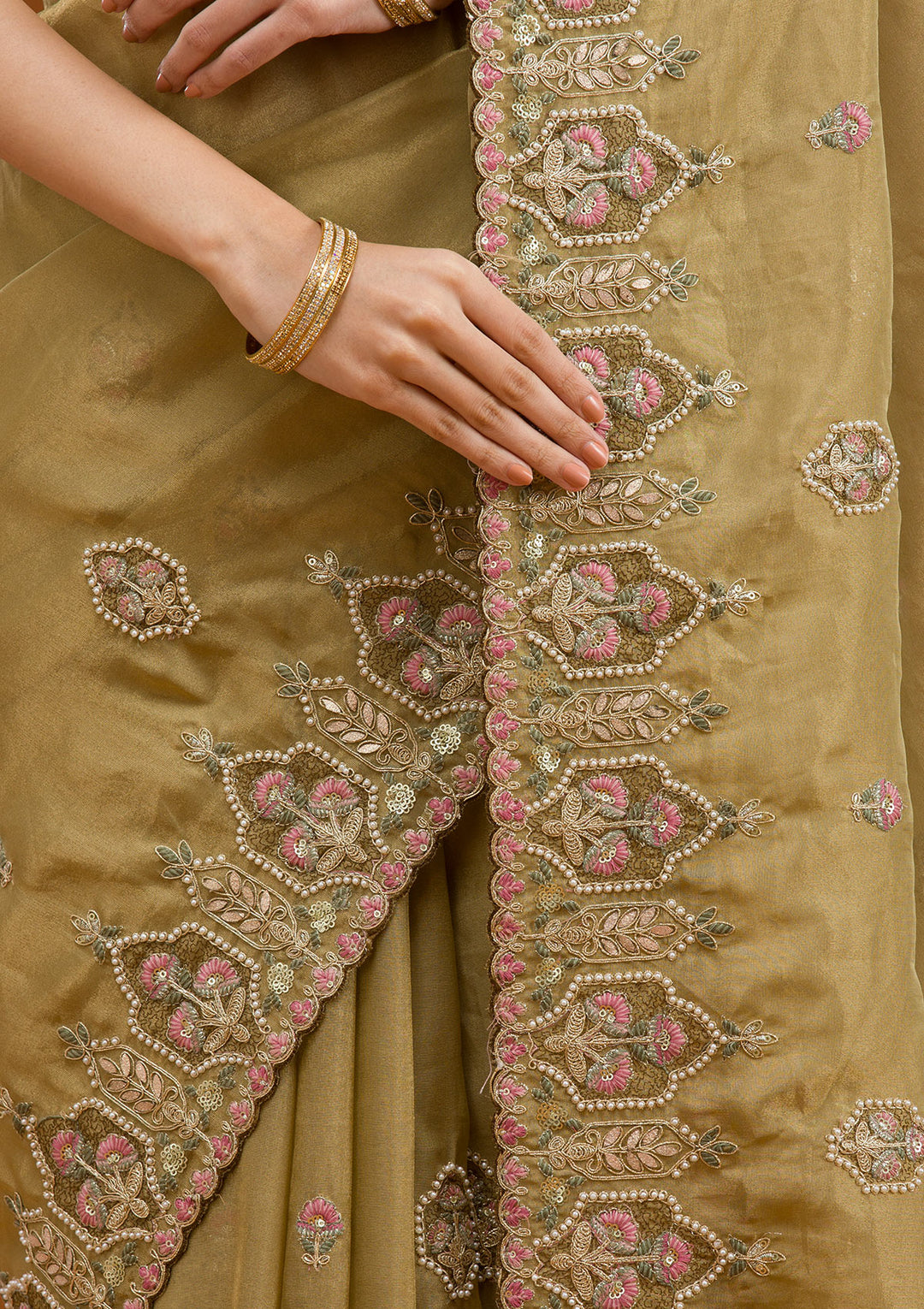 Mehendi Pearlwork Tissue Saree