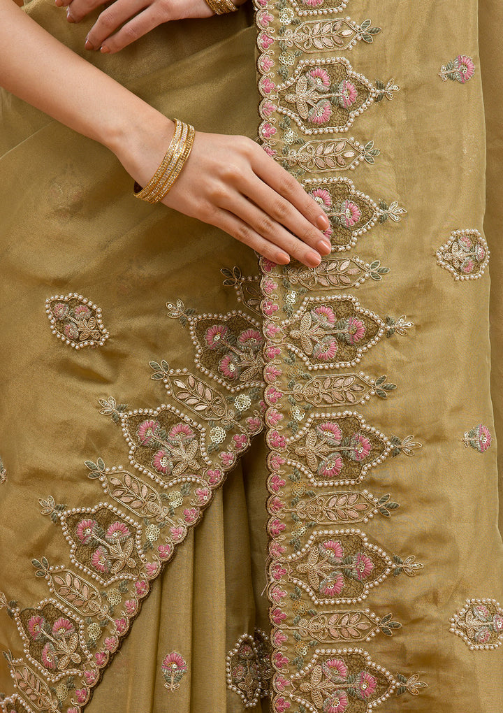 Mehendi Pearlwork Tissue Saree