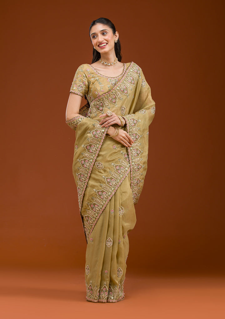 Mehendi Pearlwork Tissue Saree