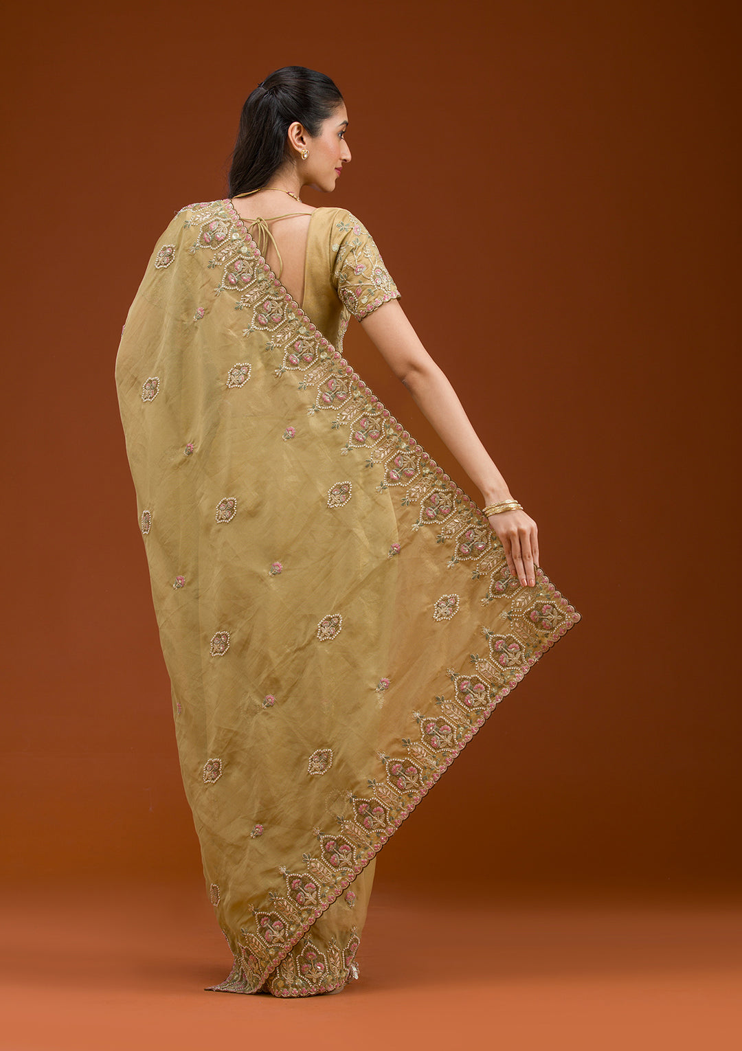 Mehendi Pearlwork Tissue Saree