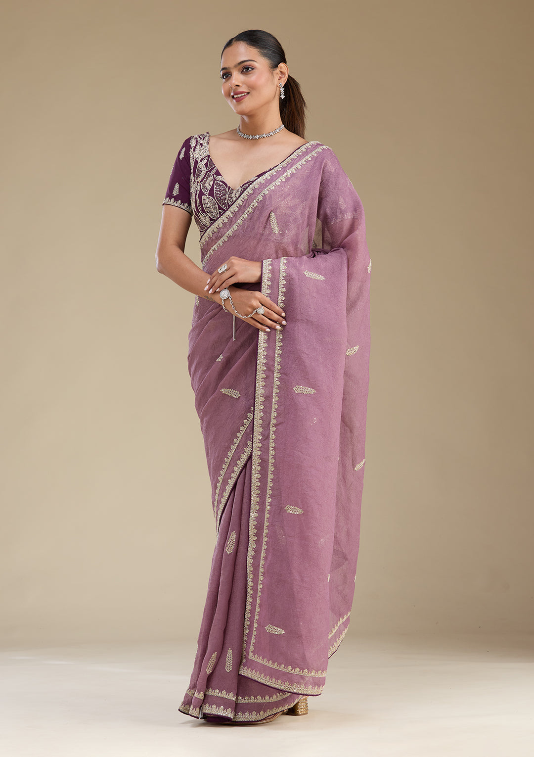 Purple Sequins Tissue Saree