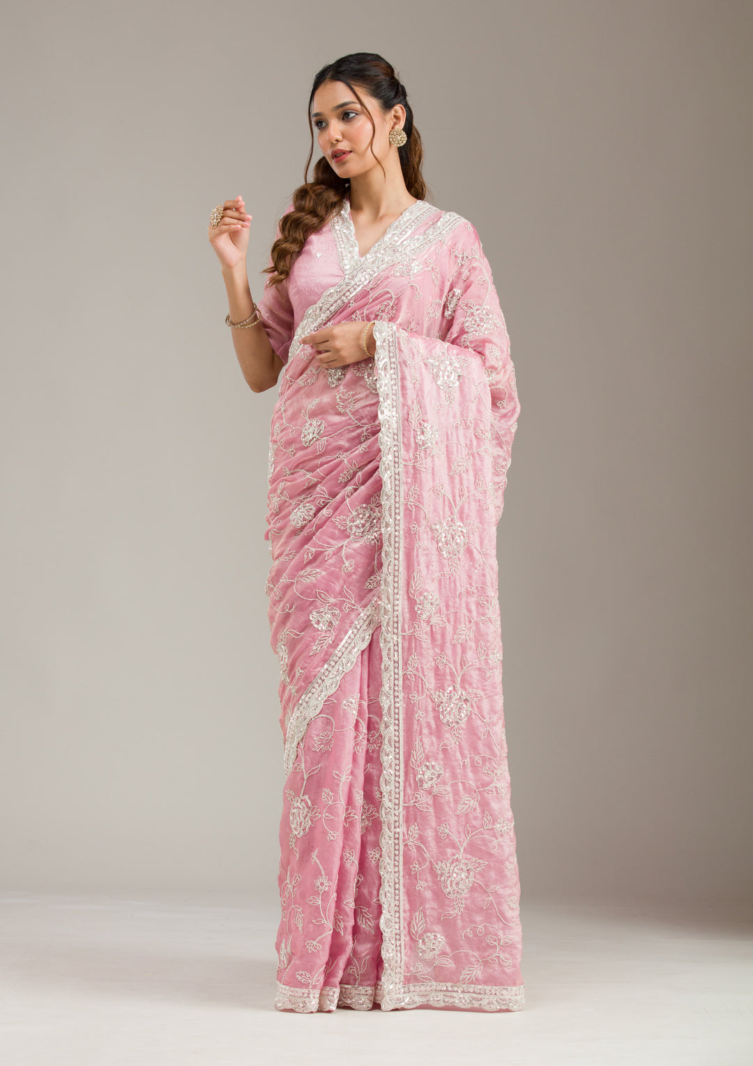 Baby Pink Cording Tissue Saree