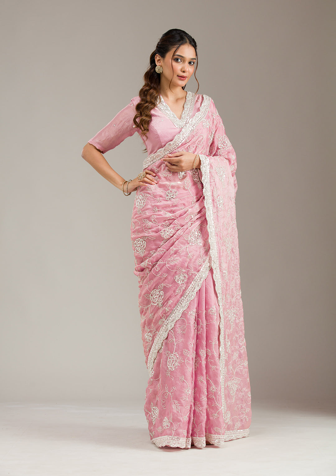 Baby Pink Cording Tissue Saree
