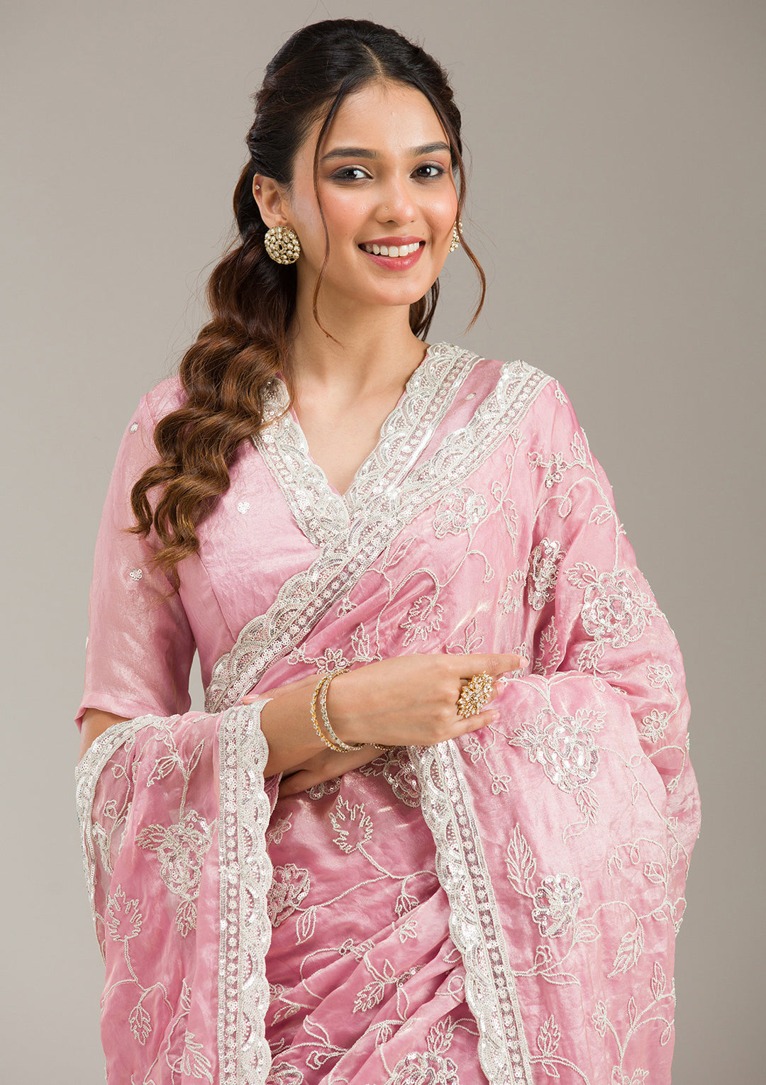 Baby Pink Cording Tissue Saree