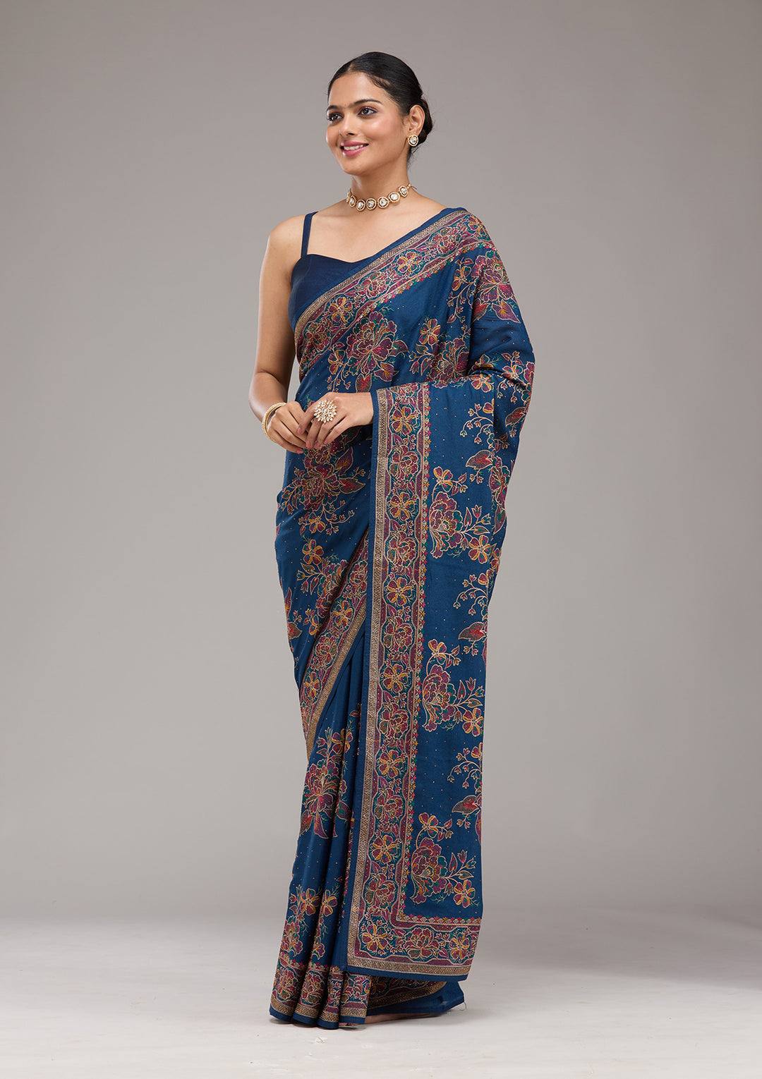 Navy Blue Threadwork Tissue Saree