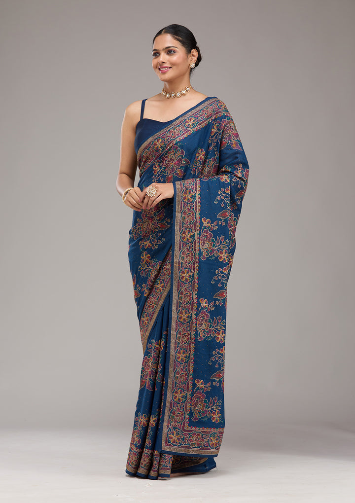 Navy Blue Threadwork Tissue Saree