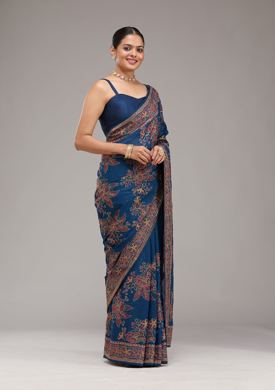 Navy Blue Threadwork Tissue Saree