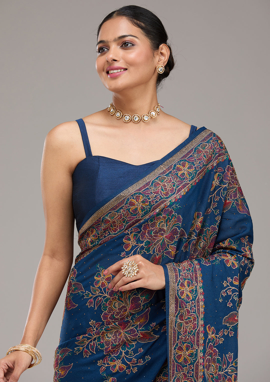 Navy Blue Threadwork Tissue Saree