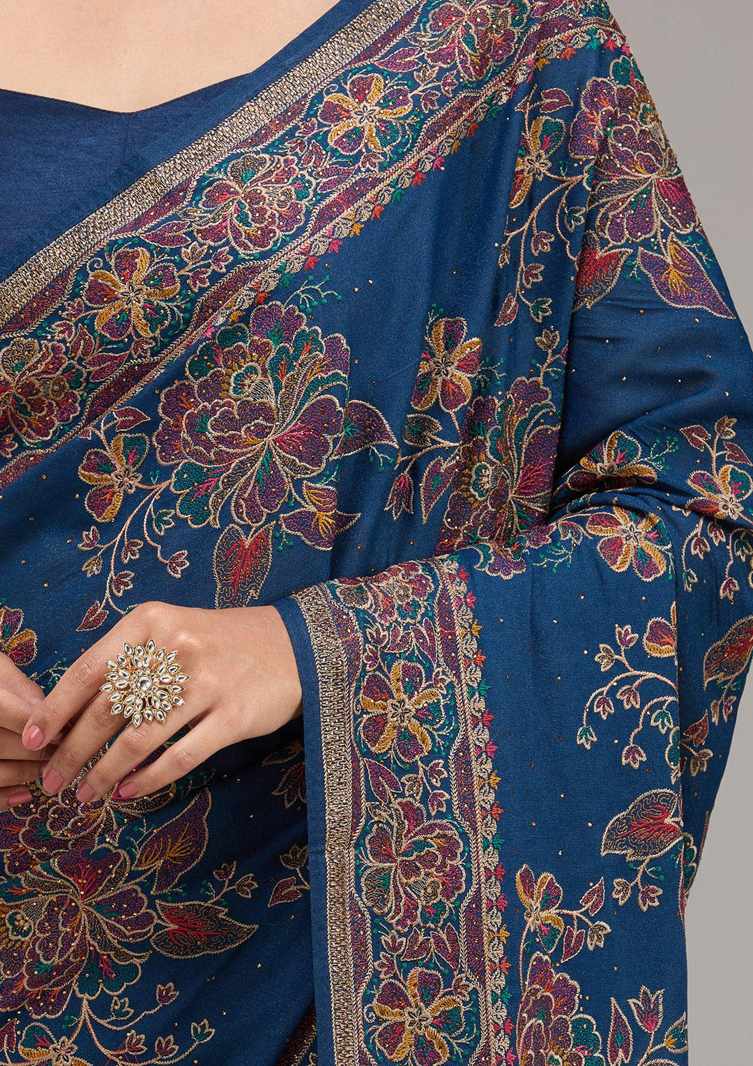 Navy Blue Threadwork Tissue Saree