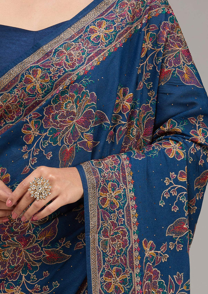 Navy Blue Threadwork Tissue Saree