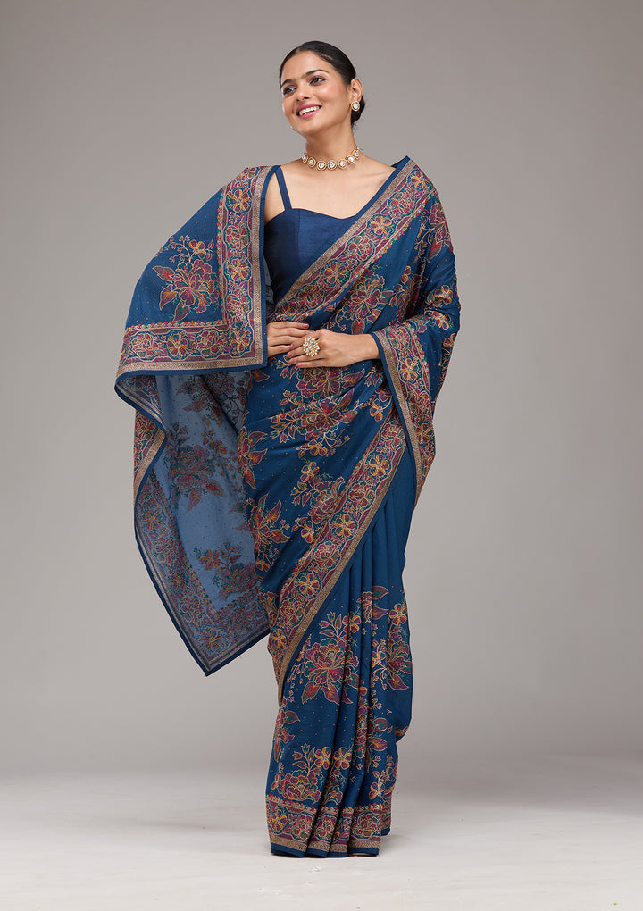 Navy Blue Threadwork Tissue Saree