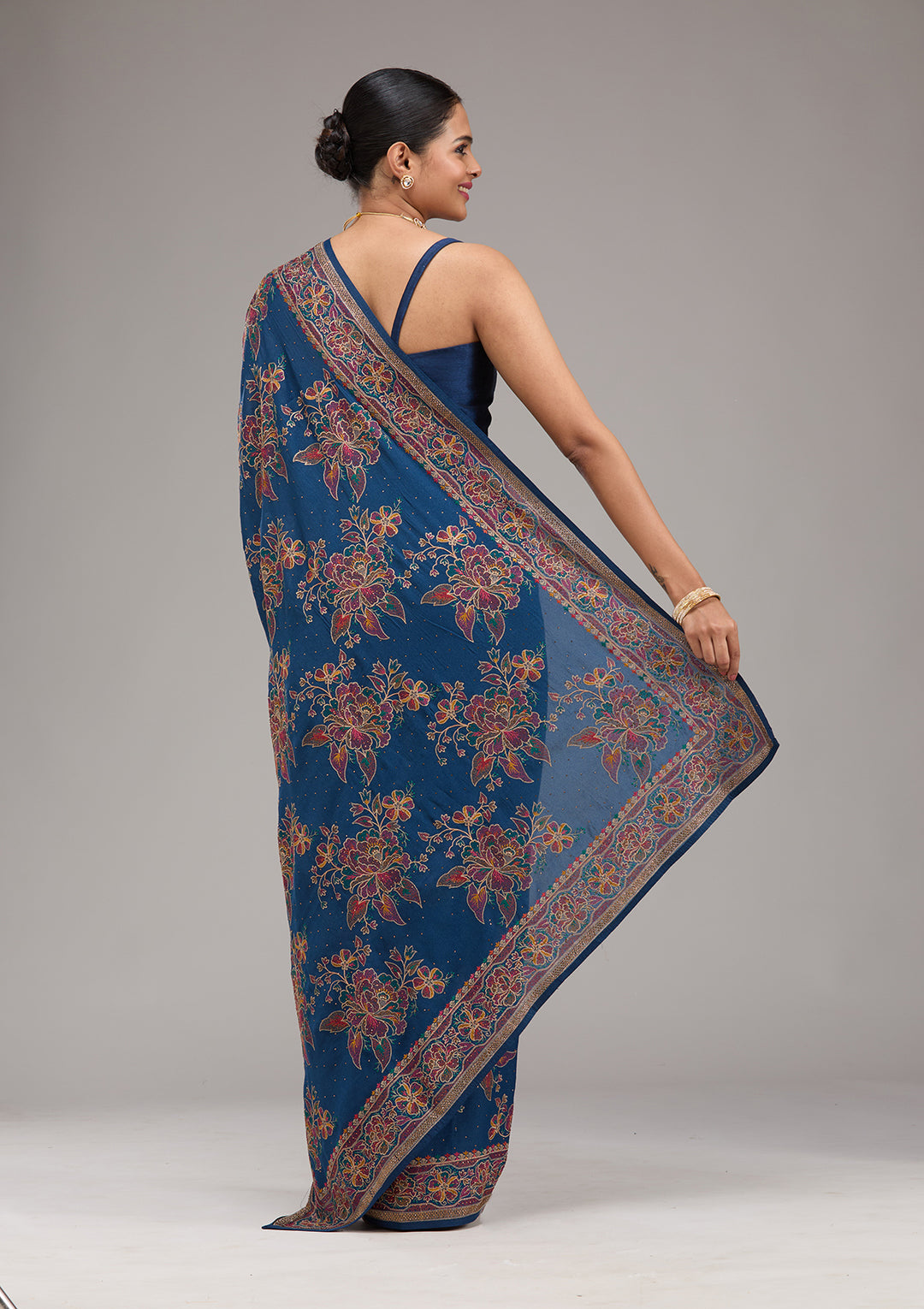 Navy Blue Threadwork Tissue Saree