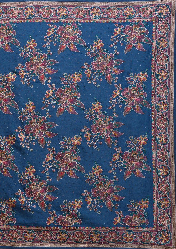 Navy Blue Threadwork Tissue Saree