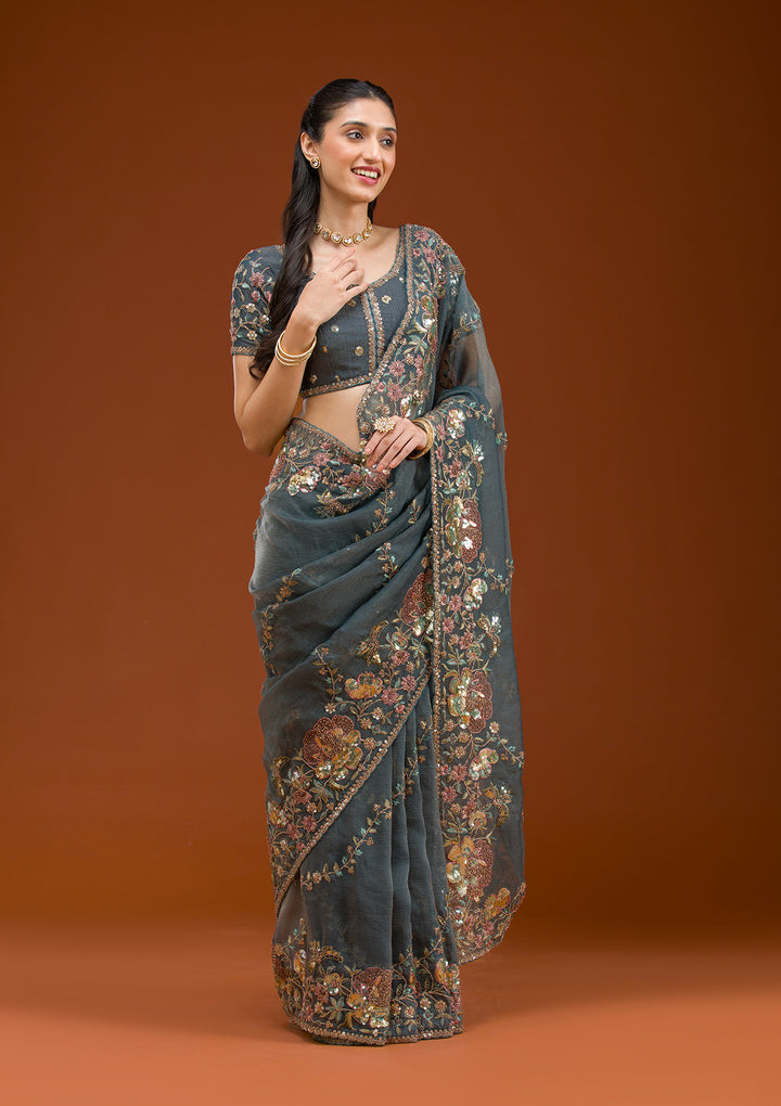 Light Grey Sequins Tissue Saree