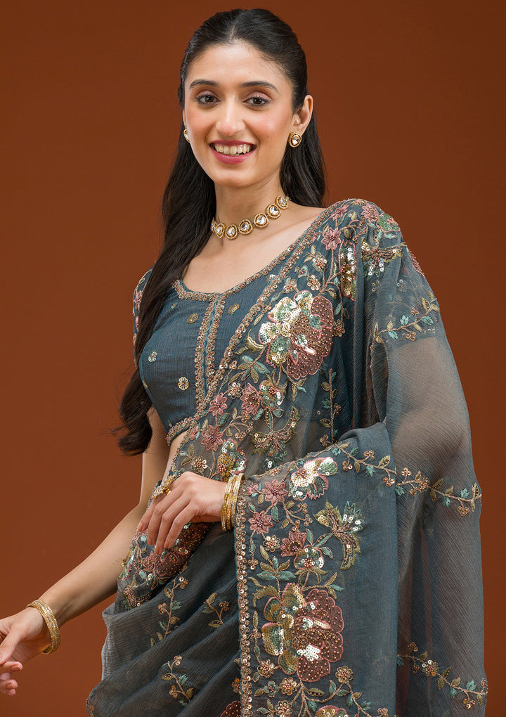 Light Grey Sequins Tissue Saree