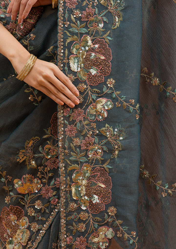 Light Grey Sequins Tissue Saree