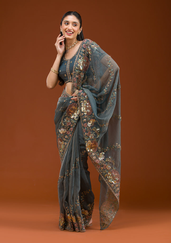 Light Grey Sequins Tissue Saree