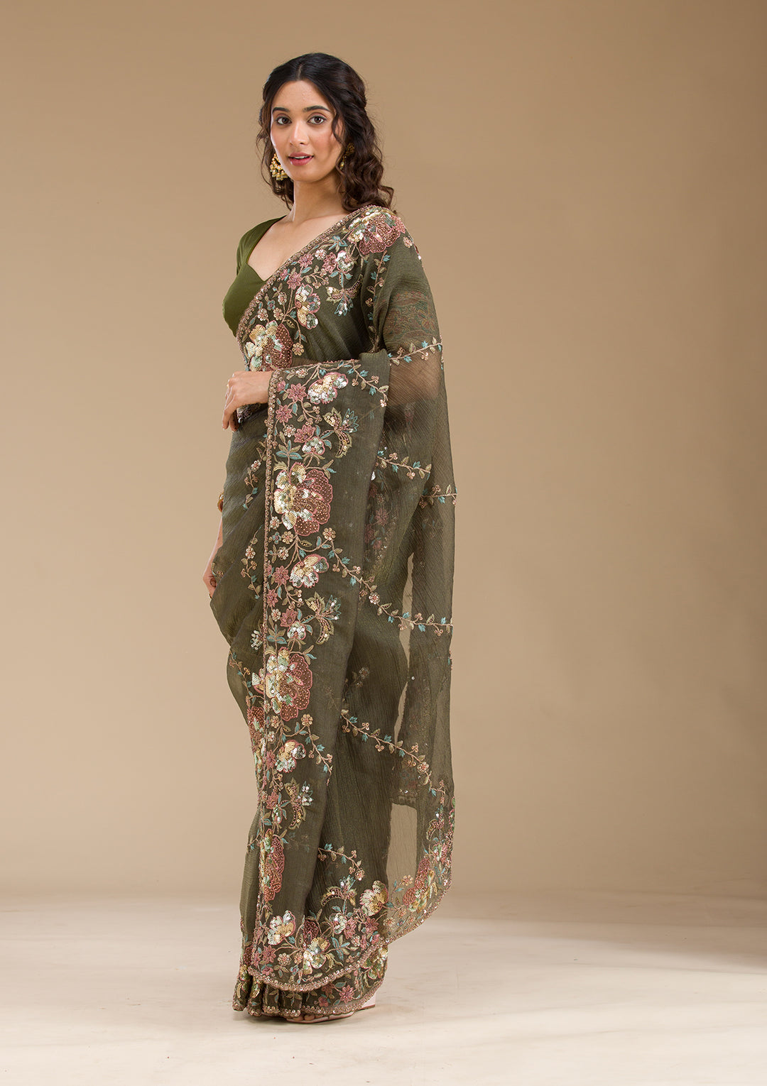 Mehendi Sequins Tissue Saree