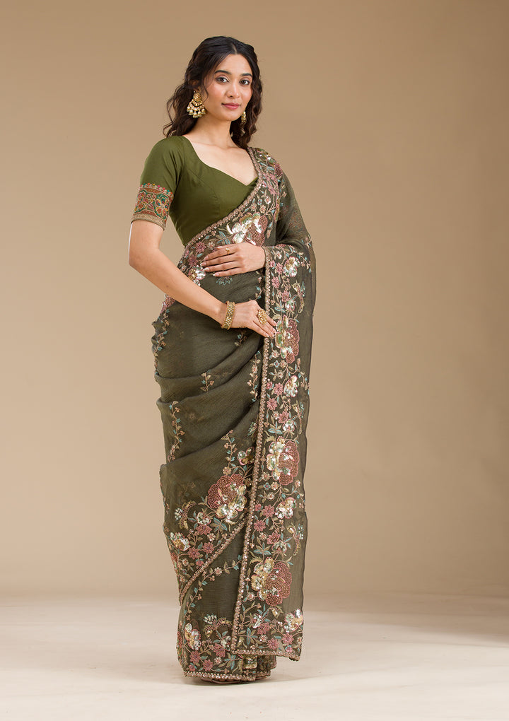 Mehendi Sequins Tissue Saree