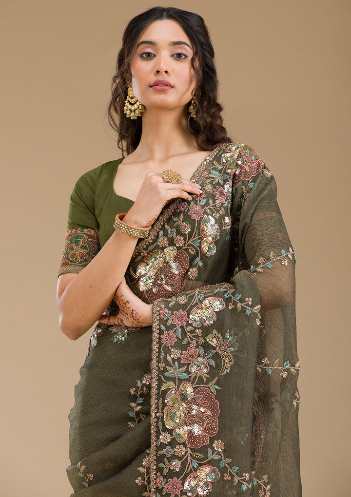 Mehendi Sequins Tissue Saree