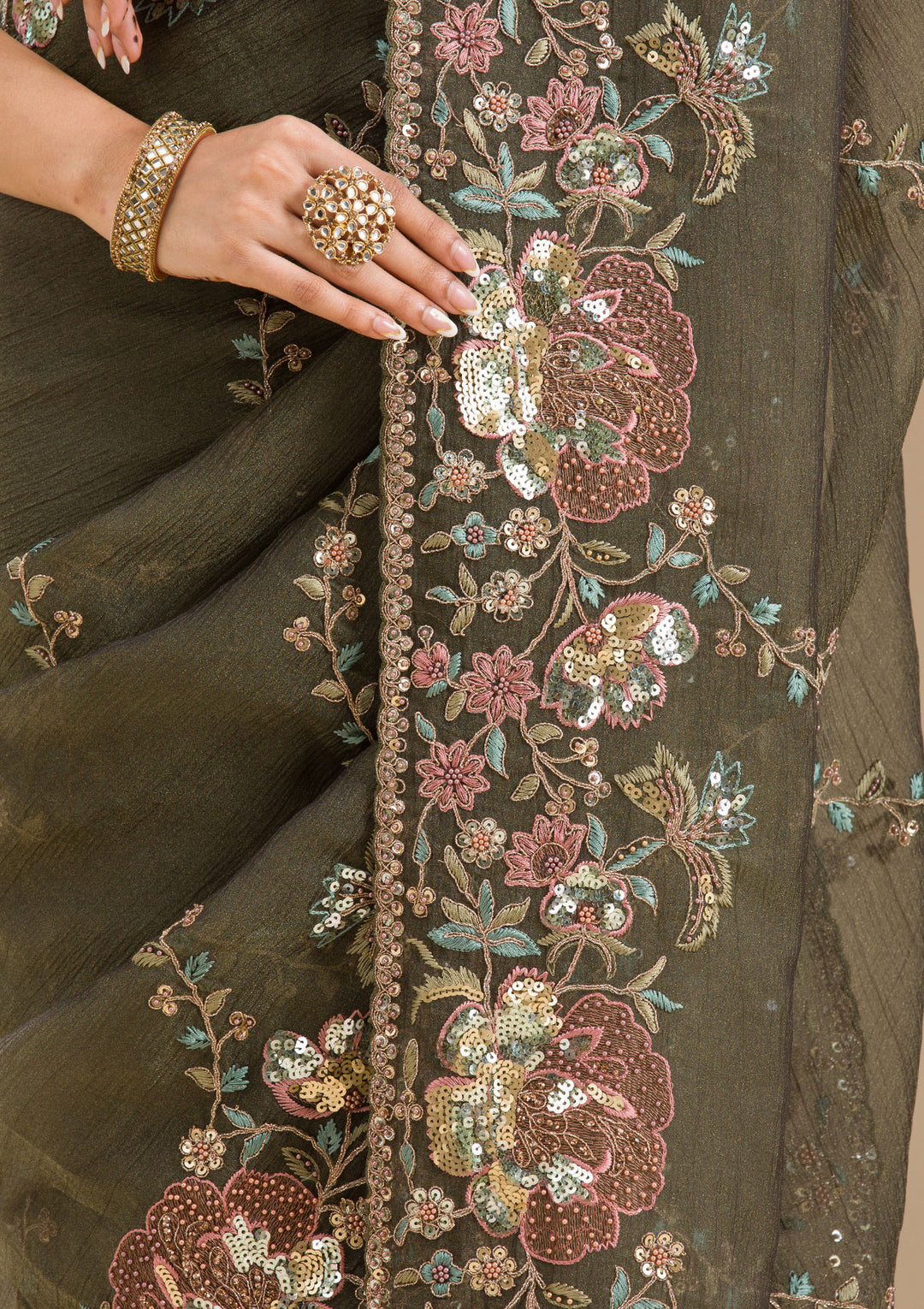 Mehendi Sequins Tissue Saree