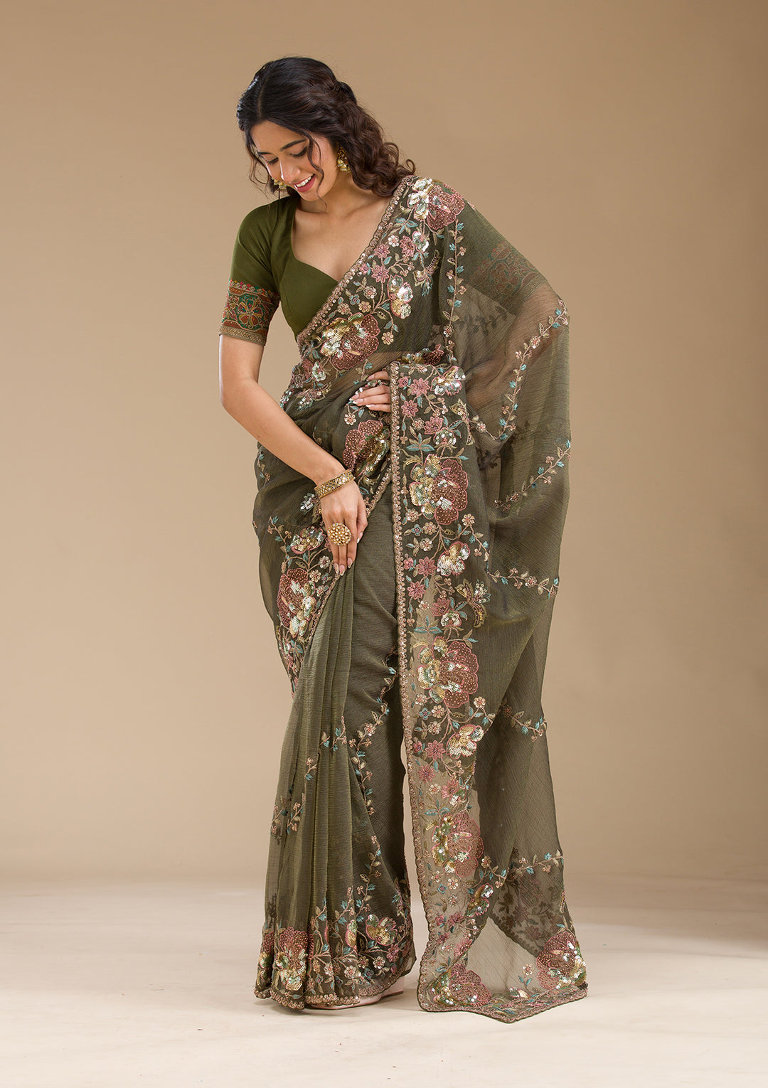 Mehendi Sequins Tissue Saree