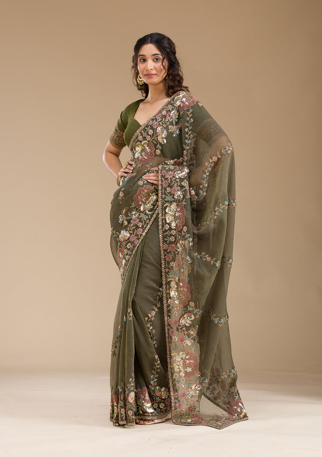 Mehendi Sequins Tissue Saree