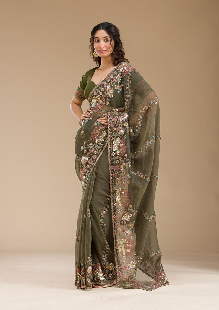Mehendi Sequins Tissue Saree