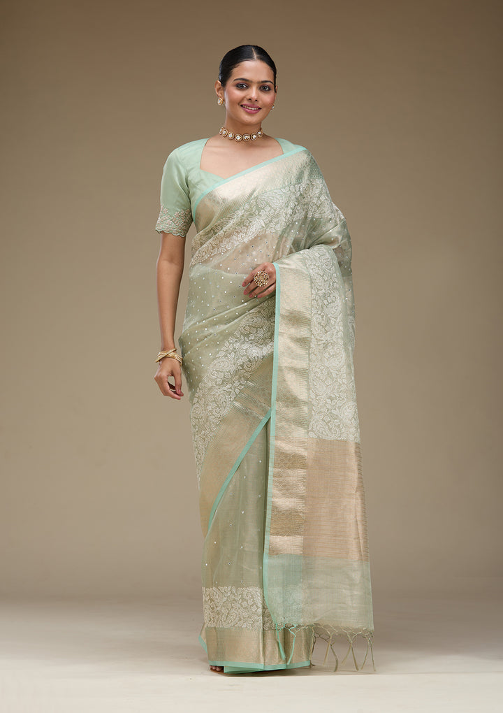 Pista Green Zariwork Tissue Saree