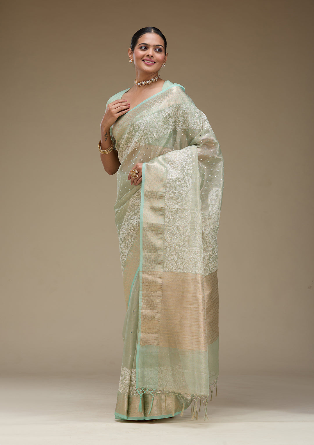 Pista Green Zariwork Tissue Saree