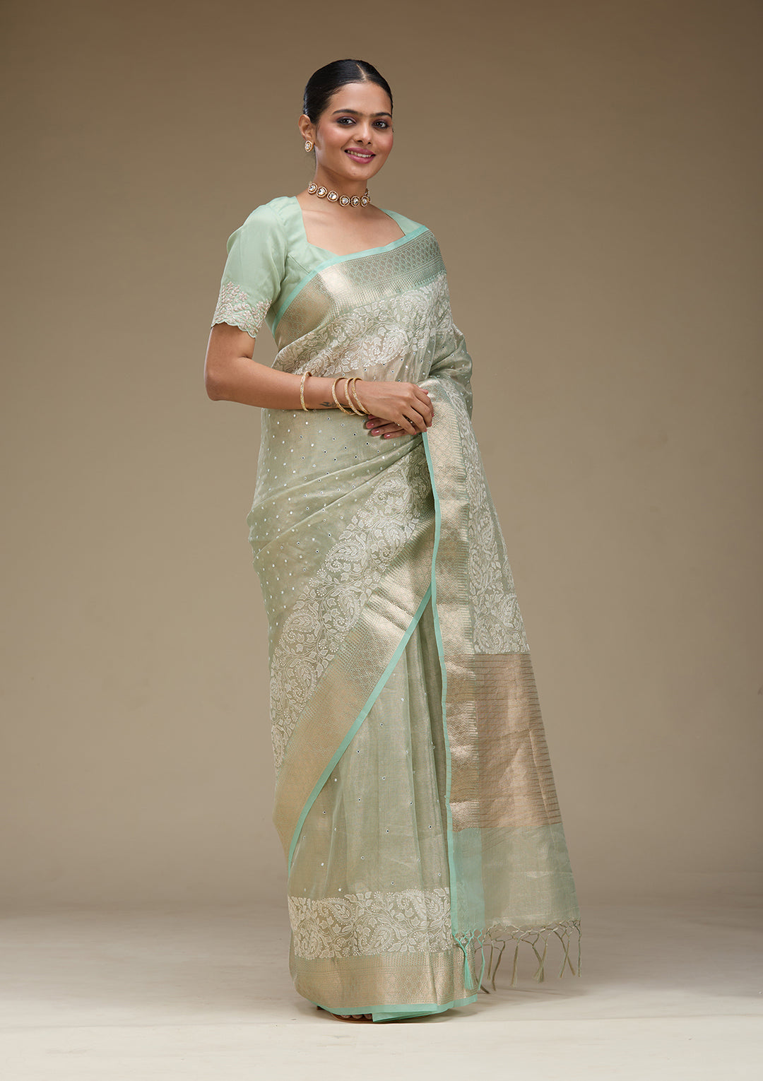 Pista Green Zariwork Tissue Saree