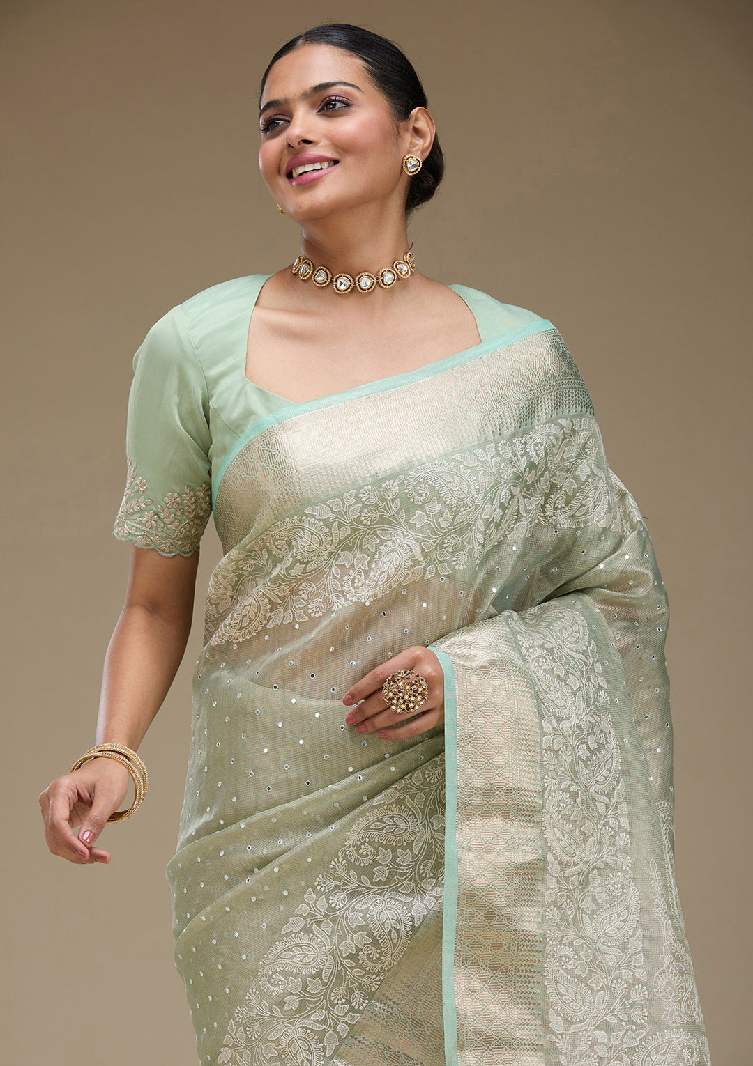 Pista Green Zariwork Tissue Saree