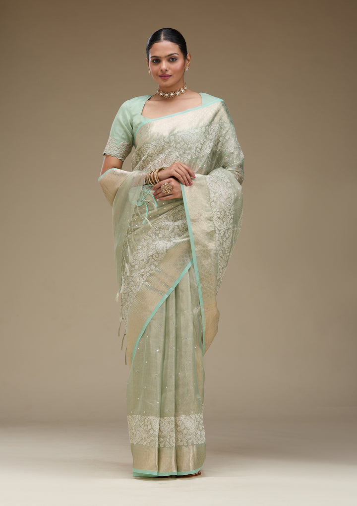 Pista Green Zariwork Tissue Saree