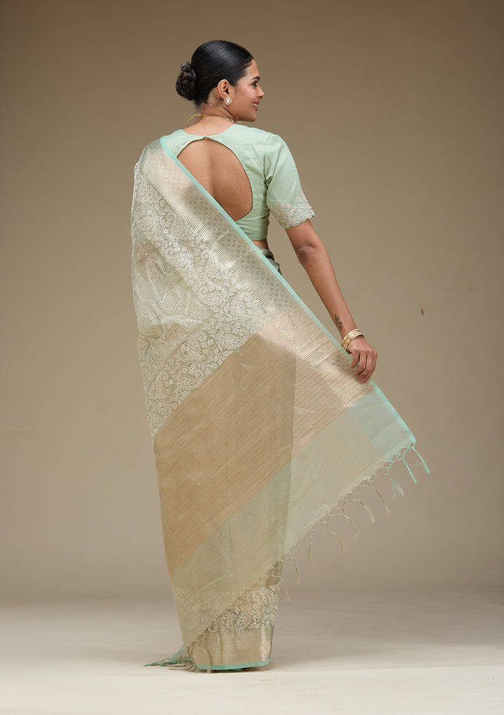 Pista Green Zariwork Tissue Saree