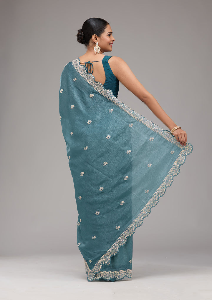 Peacock Blue Zariwork Georgette Saree