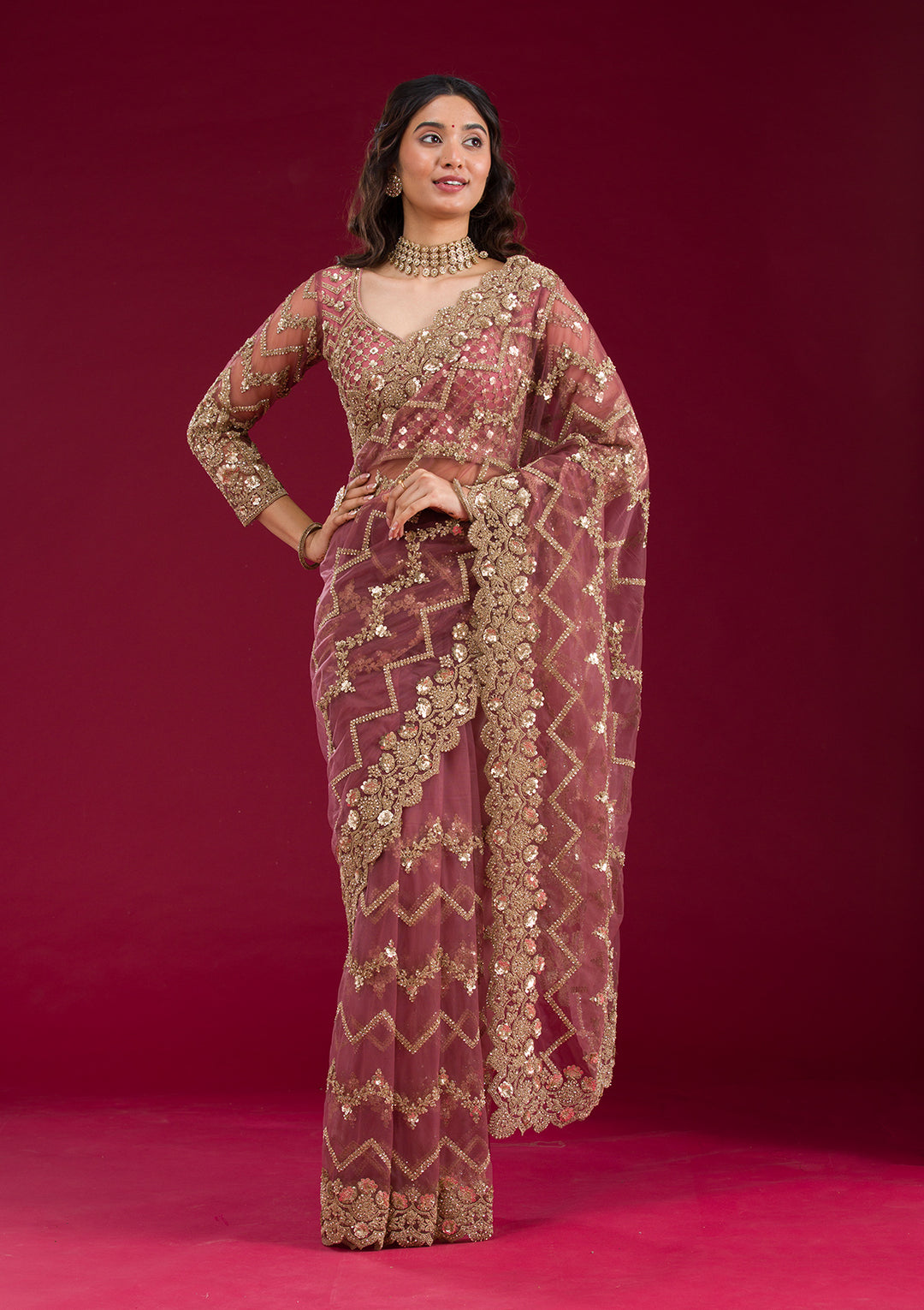 Mauve Stonework Net Saree