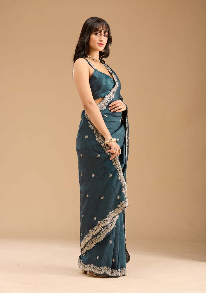 Peacock Blue Gold Zariwork Tissue Saree