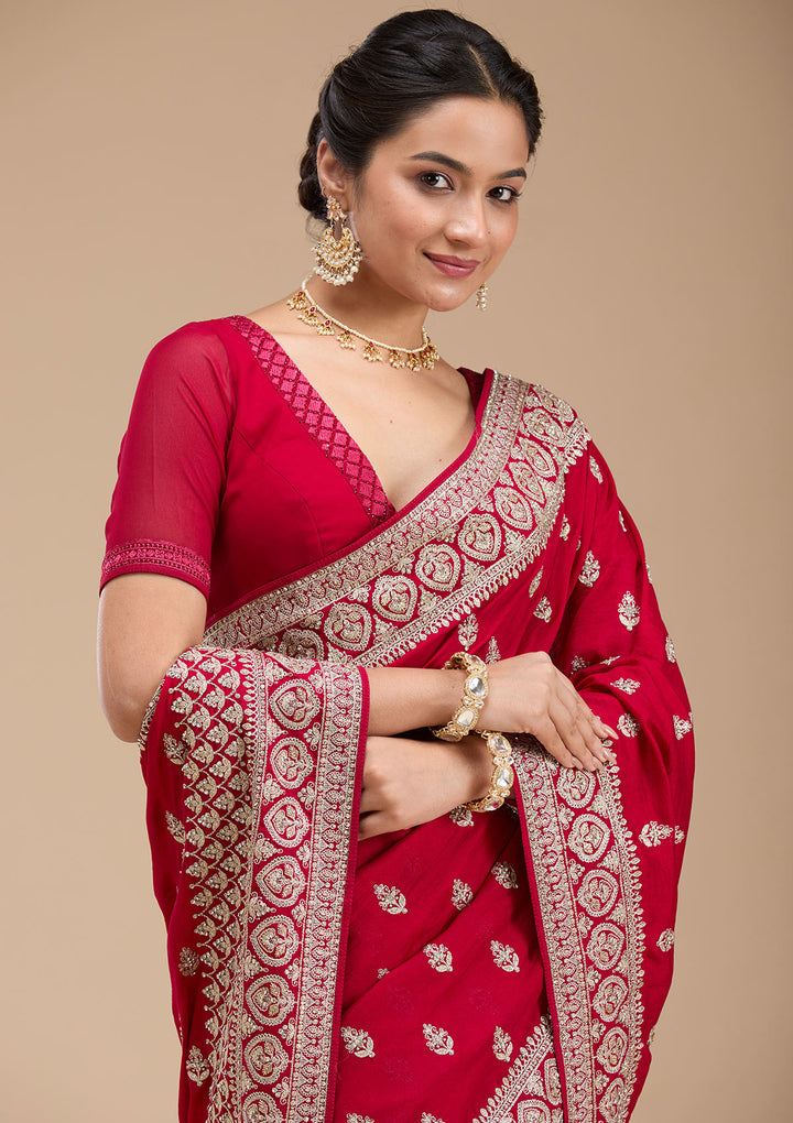 Rani Pink Stonework Soft Raw Silk Saree