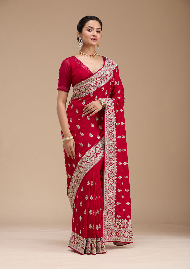 Rani Pink Stonework Soft Raw Silk Saree