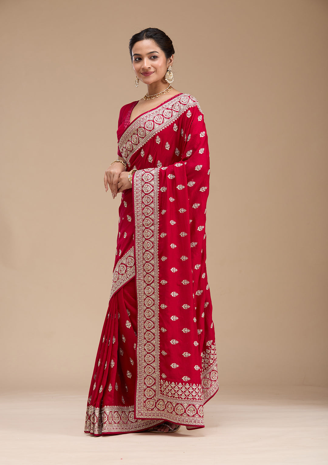 Rani Pink Stonework Soft Raw Silk Saree