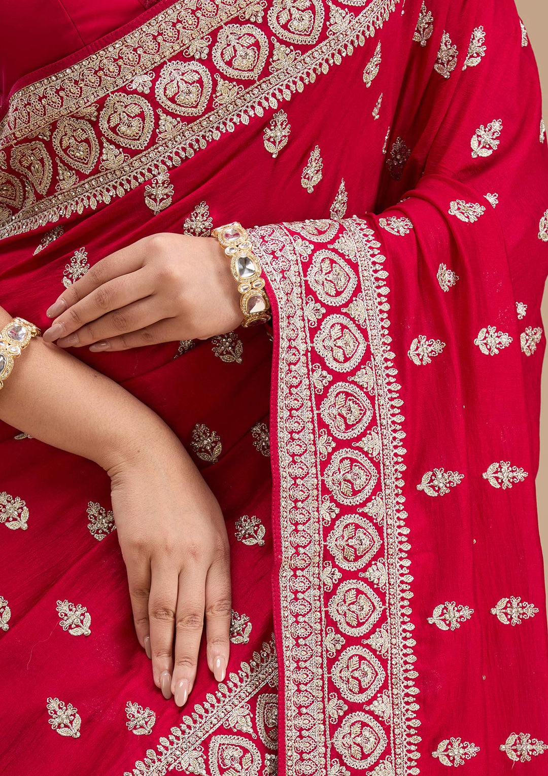 Rani Pink Stonework Soft Raw Silk Saree
