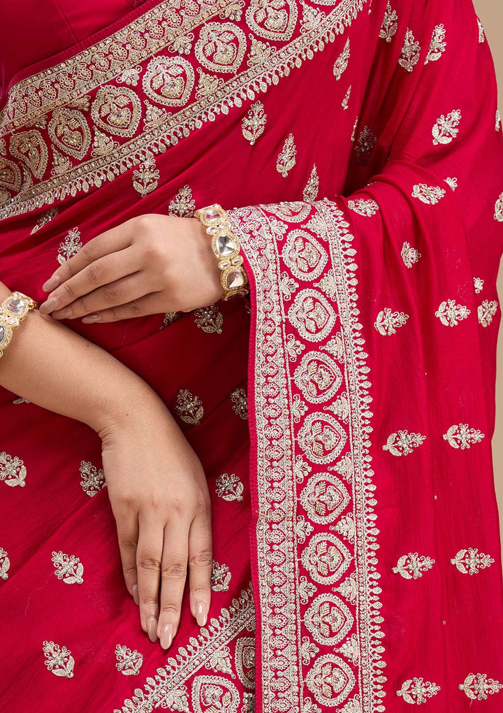 Rani Pink Stonework Soft Raw Silk Saree