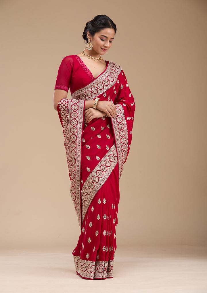 Rani Pink Stonework Soft Raw Silk Saree