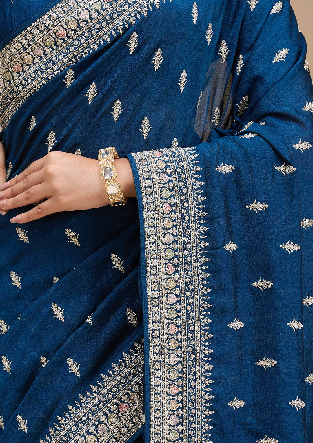 Peacock Blue Threadwork Soft Raw Silk Saree