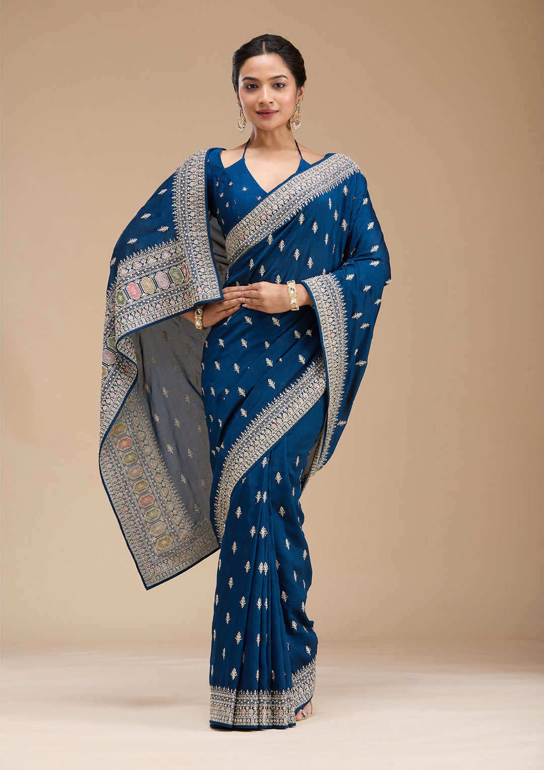 Peacock Blue Threadwork Soft Raw Silk Saree