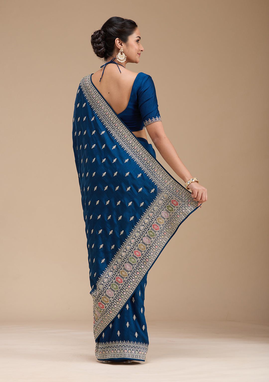 Peacock Blue Threadwork Soft Raw Silk Saree